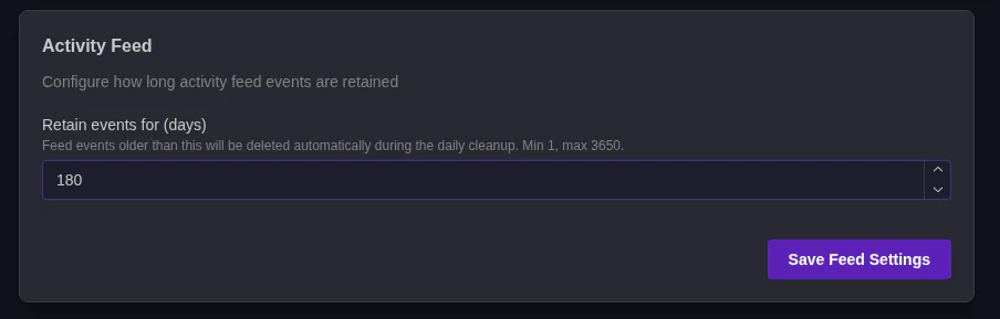 Application Settings Activity Feed Section