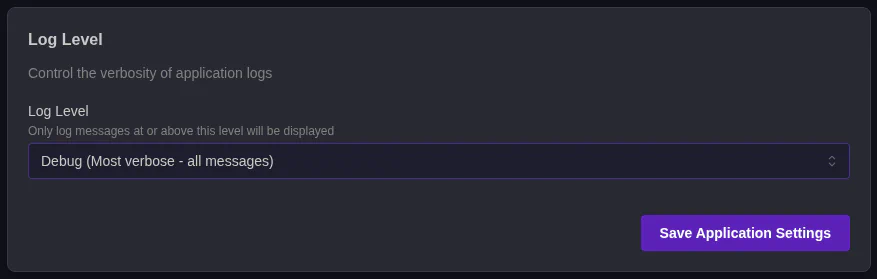 Application Settings Log Level Section
