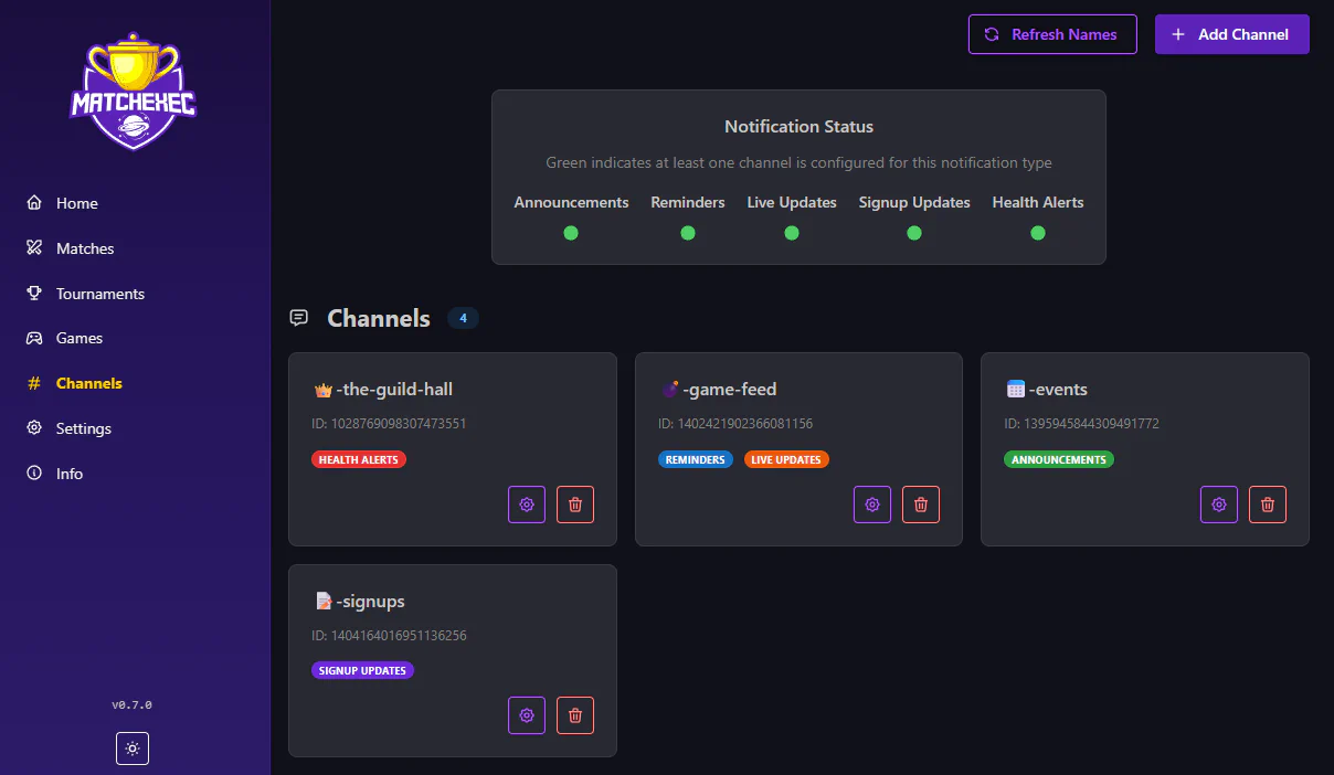 MatchExec Channels Page