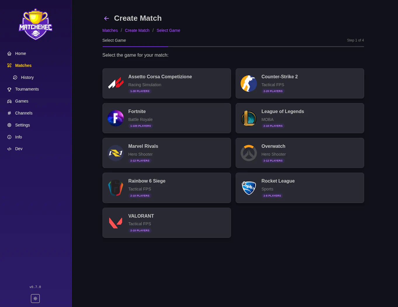 MatchExec Match Game Select