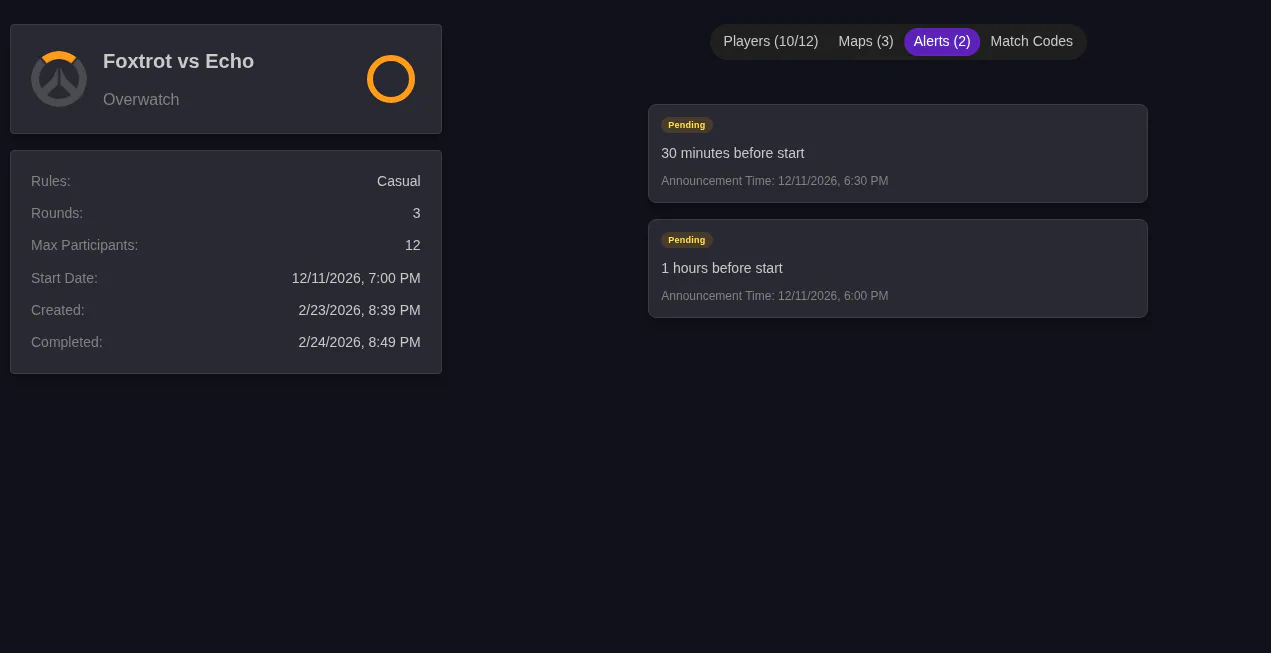 Match Details Page Reminders Tab
