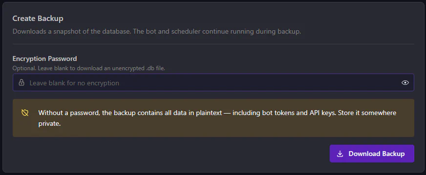 Backup and Restore Settings Page Backup Section