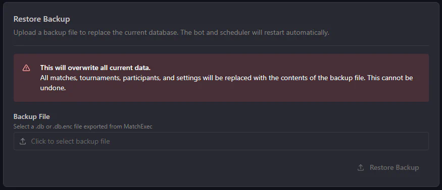 Backup and Restore Settings Page Restore Section