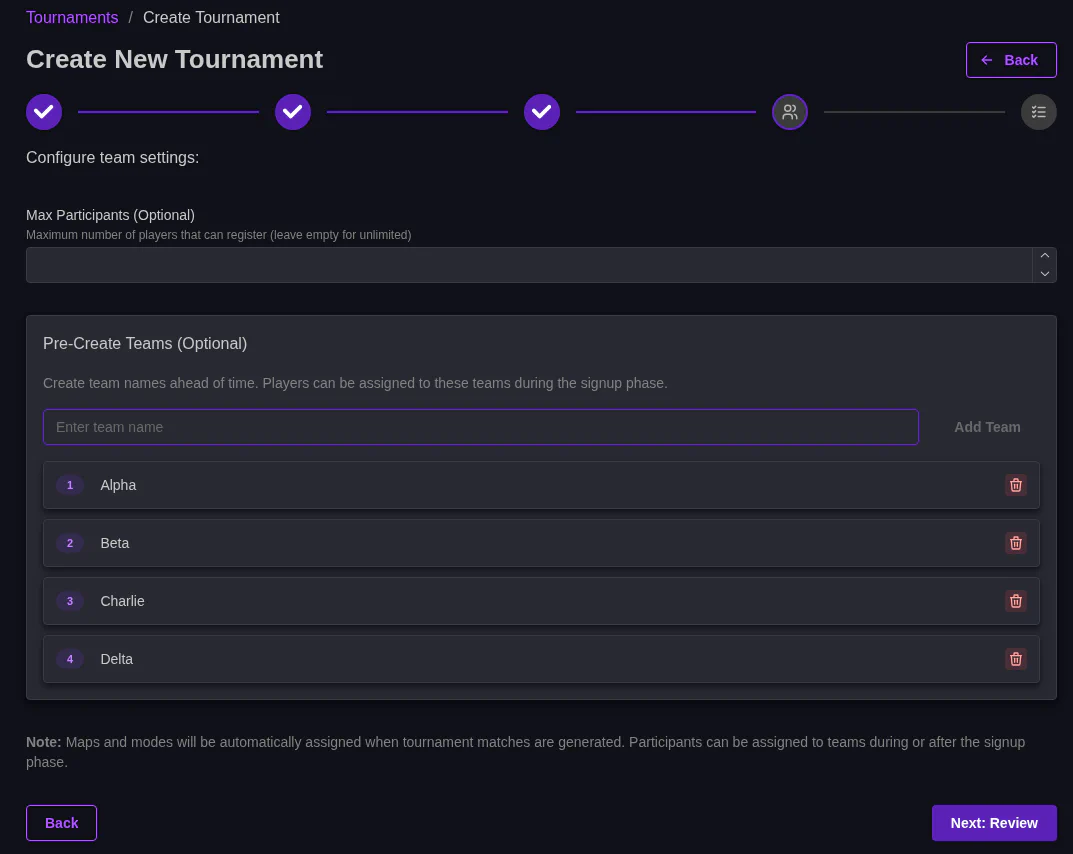 MatchExec Tournament Teams Page